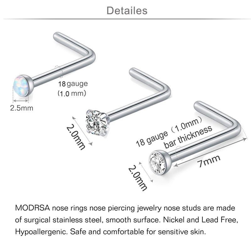 MODRSA 20g 18g Nose Rings Studs Surgical Steel Nostril Piercing Jewelry L Shaped Screw Opal CZ Tragus Helix Cartilage Earrings Flat and Round Top Clear Retainer - Image 2